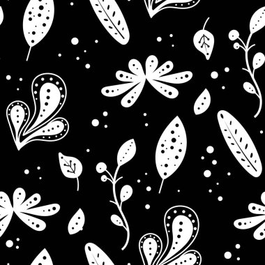 Çiçekli, siyah ve beyaz çiçek desenli kusursuz bir Neo halk sanatları deseni. Neo folk tarzı sonsuz arkaplan tekstil tasarımı için mükemmel