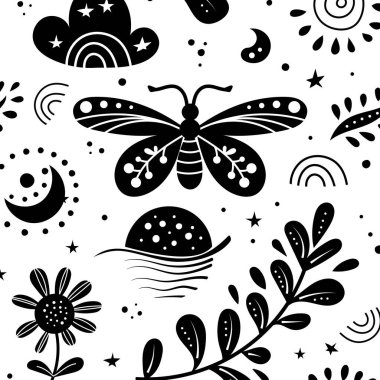 Kelebek, güve ve çiçek desenli, siyah ve beyaz çiçek desenli kusursuz bir neo halk sanatı modeli. Neo folk tarzı sonsuz arkaplan tekstil tasarımı için mükemmel