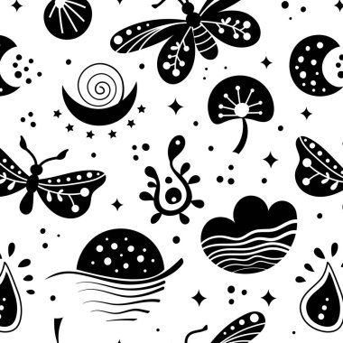 Kelebek, güve ve çiçek desenli, siyah ve beyaz çiçek desenli kusursuz bir neo halk sanatı modeli. Neo folk tarzı sonsuz arkaplan tekstil tasarımı için mükemmel