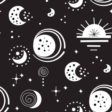 Aylı, bulutlu, güneşli ve yıldızlı, siyah ve beyaz göksel dizaynlı kusursuz neo halk desenleri. Tekstil tasarımı için Neo halk tarzını sonsuz arkaplan olarak ayarla