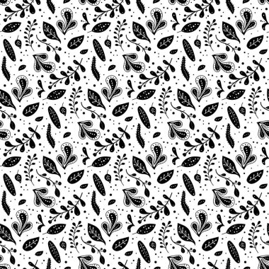 Çiçekli, siyah ve beyaz çiçek desenli kusursuz bir Neo halk sanatları deseni. Neo folk tarzı sonsuz arkaplan tekstil tasarımı için mükemmel