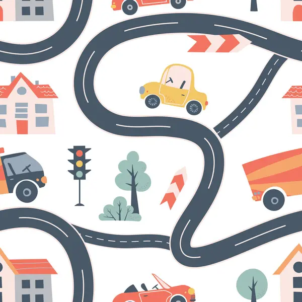 stock vector Kids seamless pattern with car, bus and road. Perfect for fabric , digital paper, cards