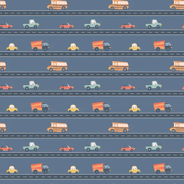 stock vector Kids seamless pattern with car, bus and road. Perfect for fabric , digital paper, cards