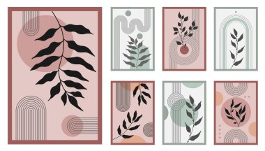 Botanik elementli Zen kemer posteri, basit çizgi kemer şekilleri ve ayrılıklar. Geometrik Japon zen deseni minimum elementler. Boho tarzı şeritler