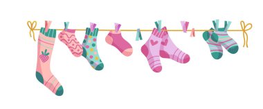 Çamaşır ipi çorapları. İpte çoraplar, vektör karikatürlü bebek çorapları.