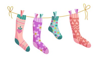 Çamaşır ipi çorapları. İpte çoraplar, vektör karikatürlü bebek çorapları.