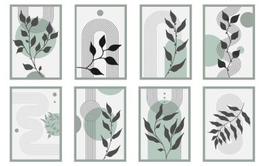 Botanik elementli Zen kemer posteri, basit çizgi kemer şekilleri ve ayrılıklar. Geometrik Japon zen deseni minimum elementler. Boho tarzı şeritler