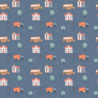 Arabanın, otobüsün ve yolun kusursuz bir düzeni var. Kumaş, dijital kağıt ve kartlar için mükemmel.