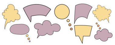 Çeşitli renkli konuşma baloncukları ve düşünce bulutları sanatsal olarak düzenlenir, farklı şekil ve boyutlarda sergilenir. Bu elementler grafik tasarımları ve iletileri iletmek için idealdir.