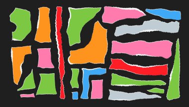 Çarpıcı bir kolajda düzenlenmiş renkli kağıt parçalarının dinamik bileşimi. Bu sanat eseri, canlı renklere sahip cesur ve oyuncu tasarım unsurlarıyla çağdaş kültürel temaları yansıtır..