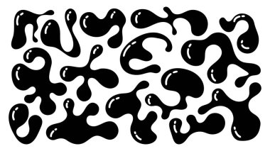 Düzensiz siyah damlalar ve sıvı şekiller, sanatsal ilham ve tasarım projeleri için mükemmel, eğlenceli ve dinamik bir görsel deneyim sunan temiz beyaz bir tuval üzerinde dağıtılır..