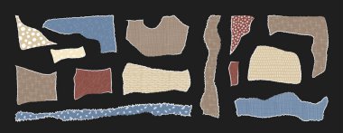 Çeşitli desenleri ve renkleri resmeden, sanatsal olarak düzenlenmiş yırtık kağıt parçalarının canlı bir koleksiyonu.