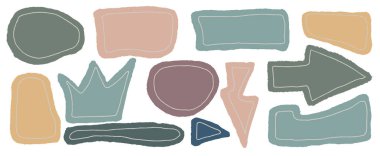 Soyut şekillerden oluşan renkli bir koleksiyonda yeşil, bej ve mavi gibi çeşitli renkler sergilenirken, etrafa boya kalemleri saçılmıştır. Bu canlı ortam yaratıcılığı ve ifadeyi teşvik ediyor..