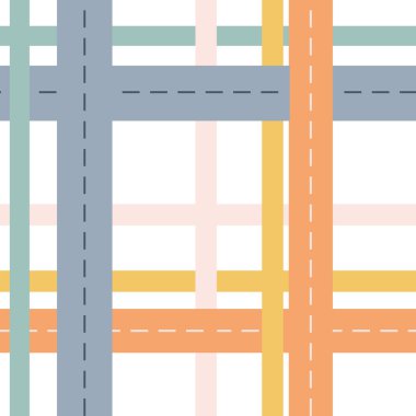Canlı bir geometrik desen çeşitli kesişen çizgileri yumuşak pastel renklerde gösterir. Tasarım, canlı ve dinamik bir görsel etki yaratan yatay ve dikey çizgilerin bir karışımını içerir..
