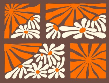 Parlak ve cesur tasarım, koyu bir arkaplanda şekillendirilmiş dalgalar ve turuncu renkli çiçekler ve krem içerir. Bu sanatsal gösteri 70 'lerin estetiğini yansıtıyor. Retro aşıklar için mükemmel..