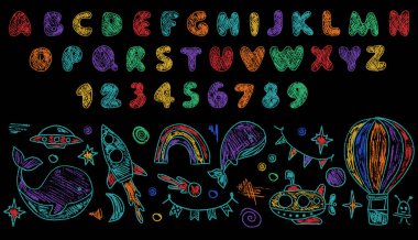 Okyanusun üstünde pastel boyayla yazılmış İngiliz harfleri olan bir astronotu gösteren büyüleyici bir çizim..