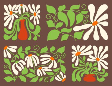 Parlak motifler 70 'lerin modasında çiçek ve yeşillik sergiler. Şekil değiştirilmiş dalgalar farklı renkleri birleştirip, canlı bir atmosfer yaratırlar. Ev dekorasyonu veya sanat eseri için mükemmel..