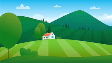 Yuvarlanan yeşil tepeler, ağaçların arasına yerleştirilmiş kırmızı çatılı küçük beyaz bir ev ile manzara boyunca uzanıyor. Berrak mavi gökyüzü, sakin ve sakin atmosfere ekleniyor..