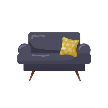 Şık, koyu gri bir kanepe, çağdaş dekoru yükselten canlı sarı bir çiçek yastığına sahiptir. Bu eser, basit bir yaşam alanında rahatlık ve zarafet sunuyor..