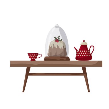 Ahşap bir masa, kırmızı benekli çay fincanı ve çaydanlıkla birlikte cam bir kubbenin altında şenlikli bir tatlı sergiliyor. Sahne sıcak bir tatil için ideal..