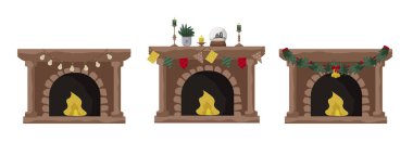 Farklı tatil dekorasyonlarıyla süslenmiş üç büyüleyici şömine sıcak ve davetkar bir ortam yaratıyor. Elementler arasında kış kutlaması için neşeli çelenkler, ışıklar ve mevsimlik süsler yer alıyor..