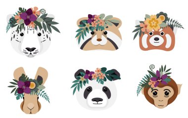 Renkli çiçek aranjmanlarıyla süslenmiş altı sevimli hayvan yüzü vahşi yaşam ve doğanın yaratıcı bir karışımını sergiliyor. Her karakter neşeli bir ruhu ve çevreyle bağlantıyı yansıtır..