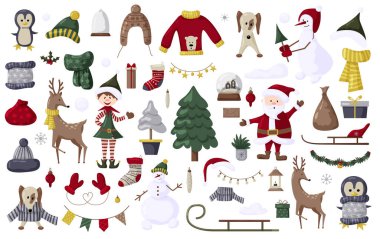 Çeşitli şenlik dekorasyonlarında Noel Baba, elf ve kardan adam gibi kış karakterleri hediye eşyalar ve giysiler arasında sergilenir. Bu renkli elementler bayram kutlamaları için neşeli bir ortam yaratıyor..