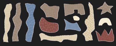 Çeşitli yırtık kağıt şekilleri, farklı dokular ve renkler içeren karanlık bir arka planda sanatsal olarak düzenlenir. Bu kompozisyon kolaj ve zine kültürünün güzelliğini vurgular..