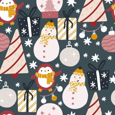 Kusursuz bir Noel deseni. Paket kağıdı, kumaş, tekstil için yeni yıl arkaplan vektör çizimi