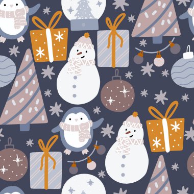 Kusursuz bir Noel deseni. Paket kağıdı, kumaş, tekstil için yeni yıl arkaplan vektör çizimi