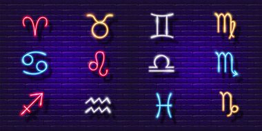 Zodiac işareti neon ikon seti. Astrolojik burç işaretleri parlıyor