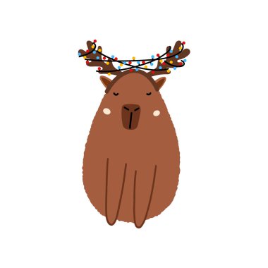 Şirin kapibar- Noel Baba ren geyiği düz stil. Mutlu Noeller ve yeni yıl tebrik kartı için Capybara vektör illüstrasyonu