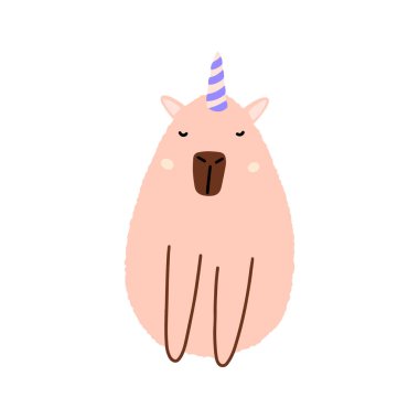 Tatlı Capybara tek boynuzlu atı düz stil. Kartpostal için bir Capybara 'nın vektör çizimi, çocuk kıyafeti
