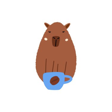 Düz stil kahve kapibarası. Kartpostal ve çocuk kıyafetleri için Capibara vektör illüstrasyonu