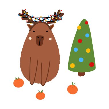 Düz stil Noel ağacı olan şirin bir Capybara. Mutlu Noeller ve yeni yıl tebrik kartı için Capybara vektör illüstrasyonu