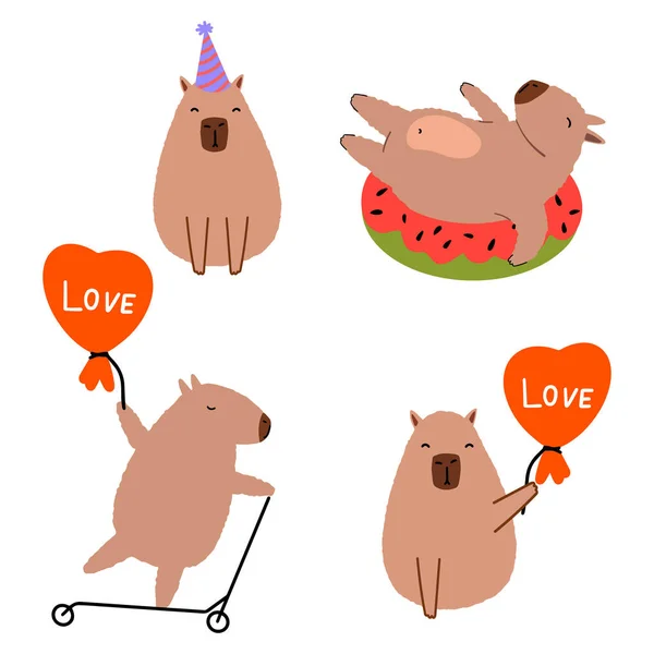 Stock vector Cute capybara happy valentines day in flat style. Capybara vector illustration for postcard, banner, advertising