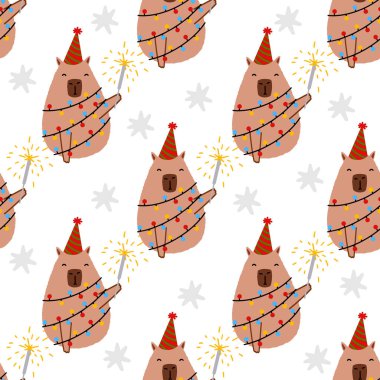 Capybara seamless pattern. Cute New Year background for fabric, wrapping paper, textile vector illustration. clipart