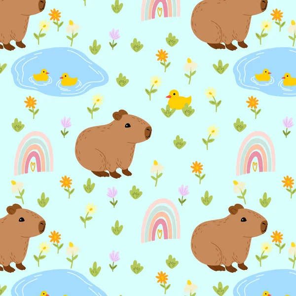 Capybara pürüzsüz desen. Kumaş, çocuk kıyafeti, ambalaj kağıdı, çocuk tekstili için Capibara vektör illüstrasyonu