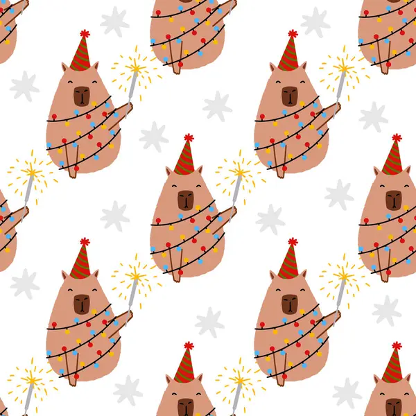Capybara pürüzsüz desen. Kumaş, ambalaj kağıdı, tekstil vektör illüstrasyonu için sevimli yeni yıl arkaplanı.