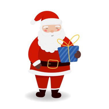 Noel Baba 'nın temsili Noel hediyesini düz bir şekilde tutuyor. Şirin karakter, bayram tasarımları için beyaz bir arka planda izole edilmiş. Noel ve Yeni Yıl Tatili kavramı.