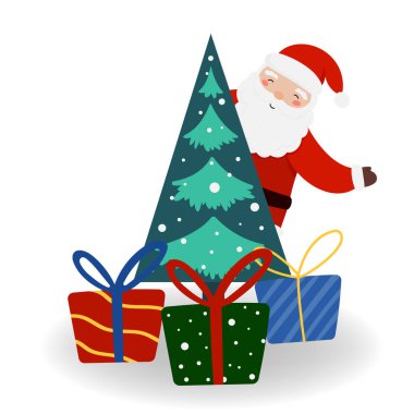 Noel ağacı ve Noel Baba hediye kutuları Noel ve yeni yıl için izole edilmiş afişler, kapaklar, reklamlar, tebrik kartları.