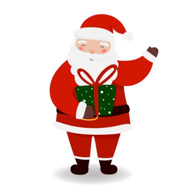 Noel Baba 'nın temsili Noel hediyesini düz bir şekilde tutuyor. Şirin karakter, bayram tasarımları için beyaz bir arka planda izole edilmiş. Noel ve Yeni Yıl Tatili kavramı.