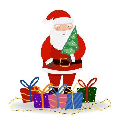 Noel ağacı ve Noel Baba hediye kutuları Noel ve yeni yıl için izole edilmiş afişler, kapaklar, reklamlar, tebrik kartları.