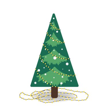 Noel ağacının düz stil çelenklerle gösterimi, bayram tasarımları, kapaklar, reklamlar ve tebrik kartları için izole edilmiş. Noel ve Yeni Yıl kavramı