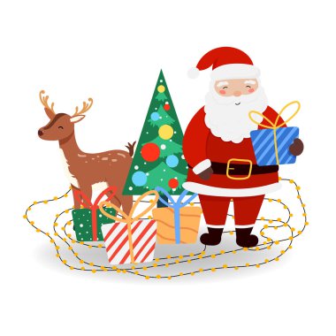 Ren geyiği ve Noel Baba 'nın hediyesi. Noel ve yeni yıl için izole edilmiş afişler, kapaklar, reklamlar, tebrik kartları. Noelin vektör illüstrasyonu