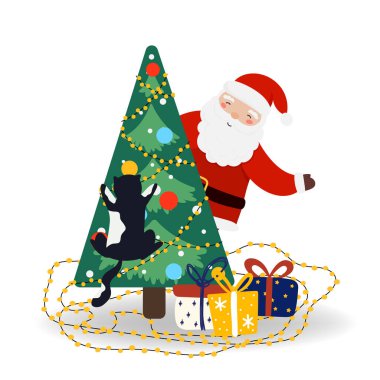 Noel Baba 'nın vektör çizimi, Noel ağacına tırmanan kedi, düz stil hediye kutuları, Noel ve yeni yıl için izole edilmiş afiş, kapak, reklam, tebrik kartı