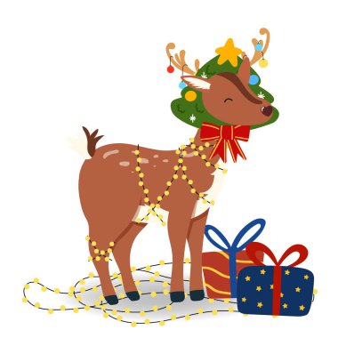 Noel Baba 'nın Ren geyiğinin hediye sunumu, Noel ağacı düz stil, Noel ve yeni yıl için izole edilmiş afiş, kapak, reklam, tebrik kartı