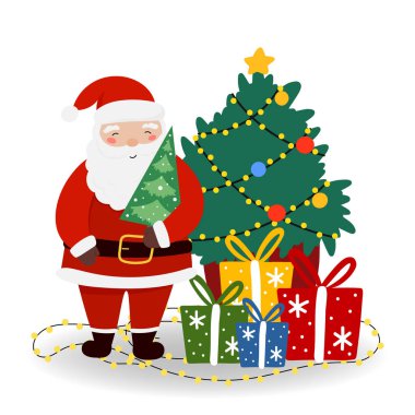 Noel ağacı ve Noel Baba hediye kutuları Noel ve yeni yıl için izole edilmiş afişler, kapaklar, reklamlar, tebrik kartları.