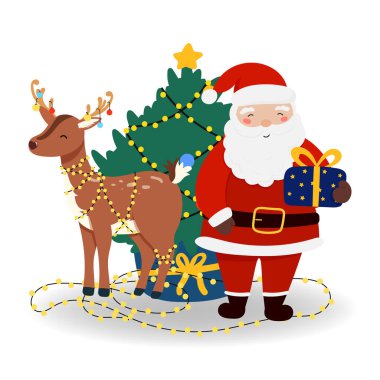 Ren geyiği ve Noel Baba 'nın hediyesi. Noel ve yeni yıl için izole edilmiş afişler, kapaklar, reklamlar, tebrik kartları. Noelin vektör illüstrasyonu