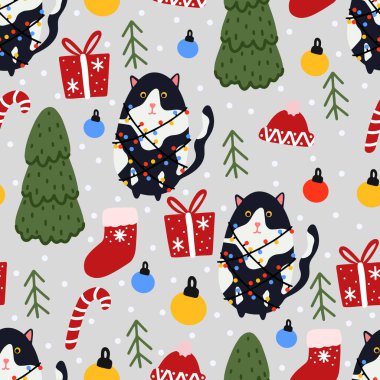 Komik Noel kedisi. Güzel kedilerin kusursuz desenli çelenkleri, Noel ağacı, hediye kutusu. Pankart, davet, kart, selamlama, pankart, kapak için uygun tasarım